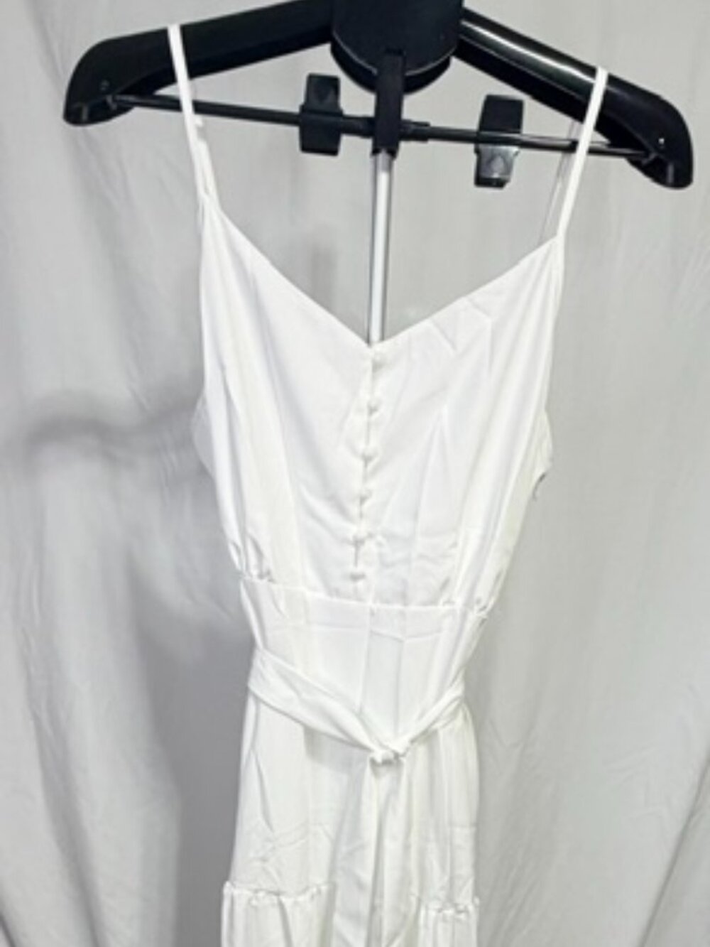 White Tiered Cami Maxi Dress – Faux Button Front, Spaghetti Straps & Waist Tie (